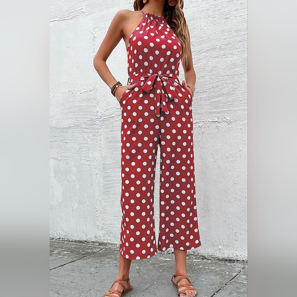 Polka Dot Grecian Wide Leg Jumpsuit - Picture 2 of 4